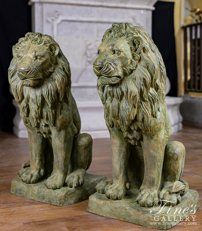 Bronze Statues  - Antique Patina Seated Bronze Lion Pair - BS-1586